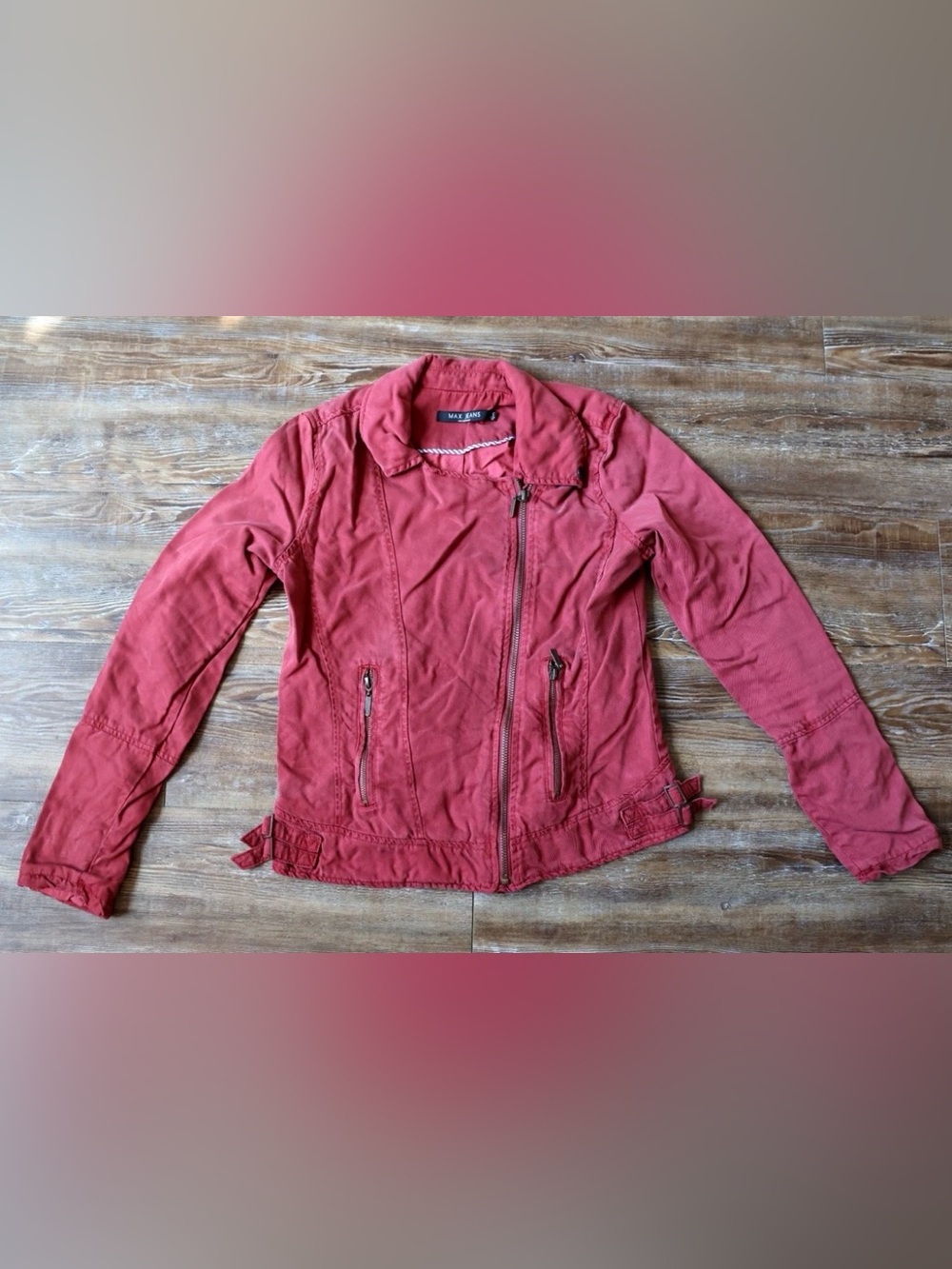 Max Jeans Red Distressed Moto Jacket Asymmetrical Zip Buckle 100% Tencel Women S